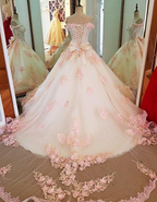 Sweet 16 Dresses Pink Lace Floral Prom Dresses Ball Gown Off The Shoulder Elegant Beaded Luxury Prom Gown