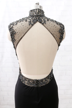 Mermaid High Neck Beaded Jersey Black Formal Evening prom Gown with Slit  cg6523