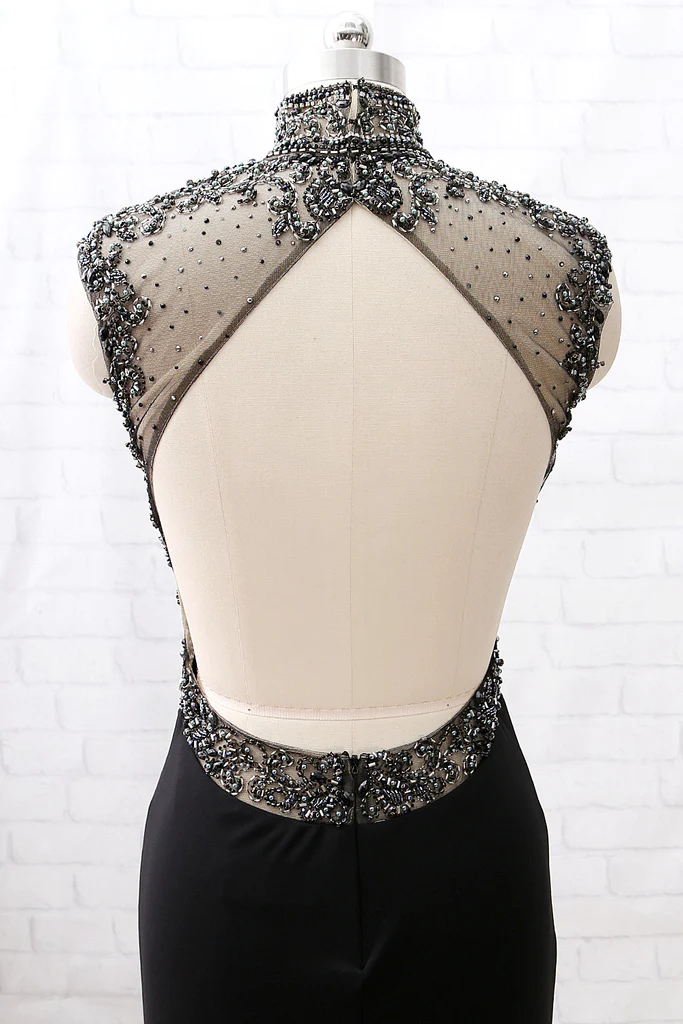 Mermaid High Neck Beaded Jersey Black Formal Evening prom Gown with Slit  cg6523