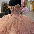 Pink Lace Long Prom Dresses Ball Gown Sweet 16 Dresses
