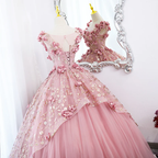 Lovely Pink Tulle Long Party Dress With Flowers Pink Tulle Sweet 16 Gown
