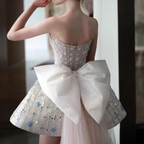 Pretty Strapless Pink Tulle Beaded Mini Birthday Dress Short Homecoming Dress With Bow Y9317