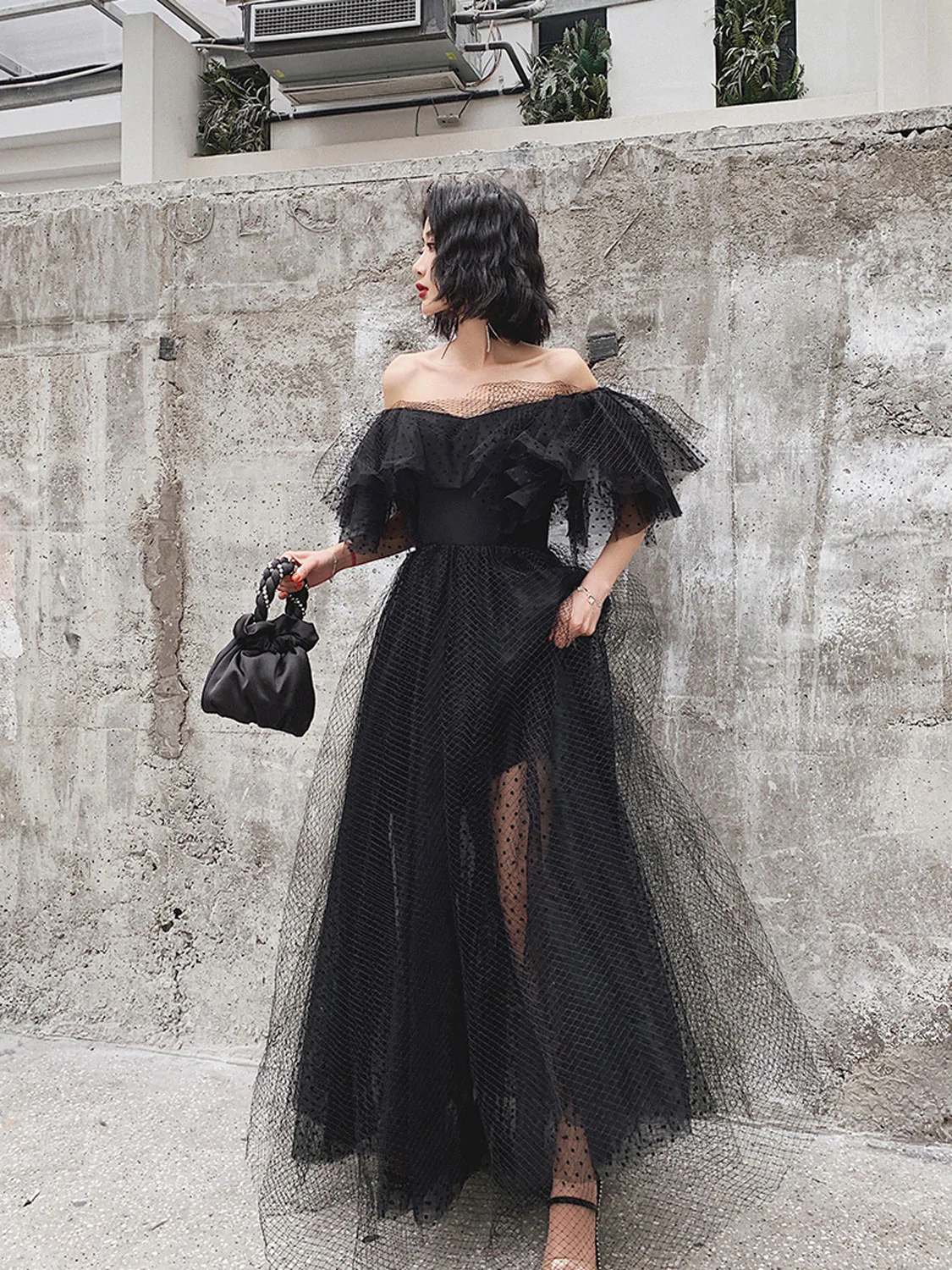 Black Tulle Long Prom Dress, Formal Dress Black Graduation Dresses Y513