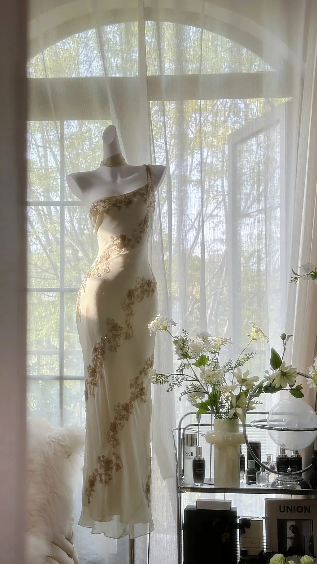 Vintage Ivory White One Shoulder Exquisite Beaded Long Chiffon Birthday Party Dress Evening Dress Prom Dress Y9794