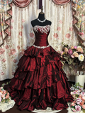 Vintage Strapless Ball Gown Burgundy Satin Layered Formal Quinceanera Dress Sweet 16 Dress With Appliques