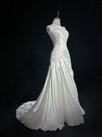 Pretty White One Shoulder Satin Pleated Appliques Mermaid Long Wedding Dress SP1284