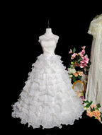 Glamorous Strapless Beaded White Chiffon Ruffles Layered Long Wedding Dress Formal Bridal Gowns