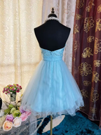 Elegant Strapless Blue Tulle Sequin Appliques A Line Short Homecoming Dress 19th Birthday Outfits SP80
