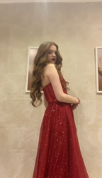 Sparkly Red Strapless Tulle Sequin Slit A Line Long Party Dress Formal Evening Gown