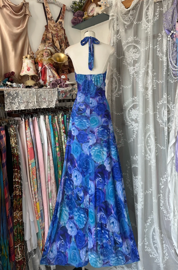Unique Halter V Neck Blue Print Floral Mermaid Long Evening Dress Birthday Prom Gown