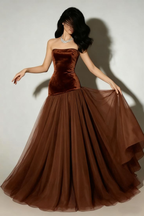 Elegant Strapless Mermaid Burgundy Tulle Long Prom Dress 20th Birthday Party Dress SP1671