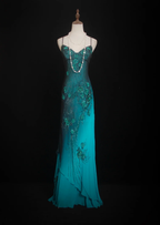 Vintage Spaghetti Straps Ombre Green Chiffon Beaded Evening Dress Mermaid Long Prom Gown