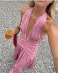 Sexy Deep V Halter Pink Satin Pleated Mermaid Long Wedding Guest Dress Party Dress SP1164
