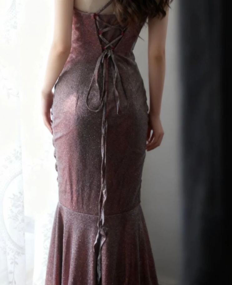 Shiny Spaghetti Straps Purple Satin Sequin Pleated Mermaid Slit Long Evening Dress Birthday Party Gown