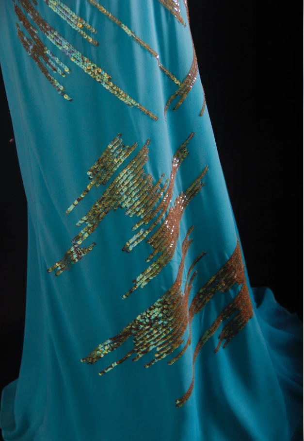 Unique Sleeveless Blue Satin Sequin Mermaid Evening Dress Long Birthday Party Dress Prom Gown