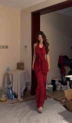 Sexy Burgundy Halter Satin Sheath Long Evening Gown Formal Birthday Dress SP233