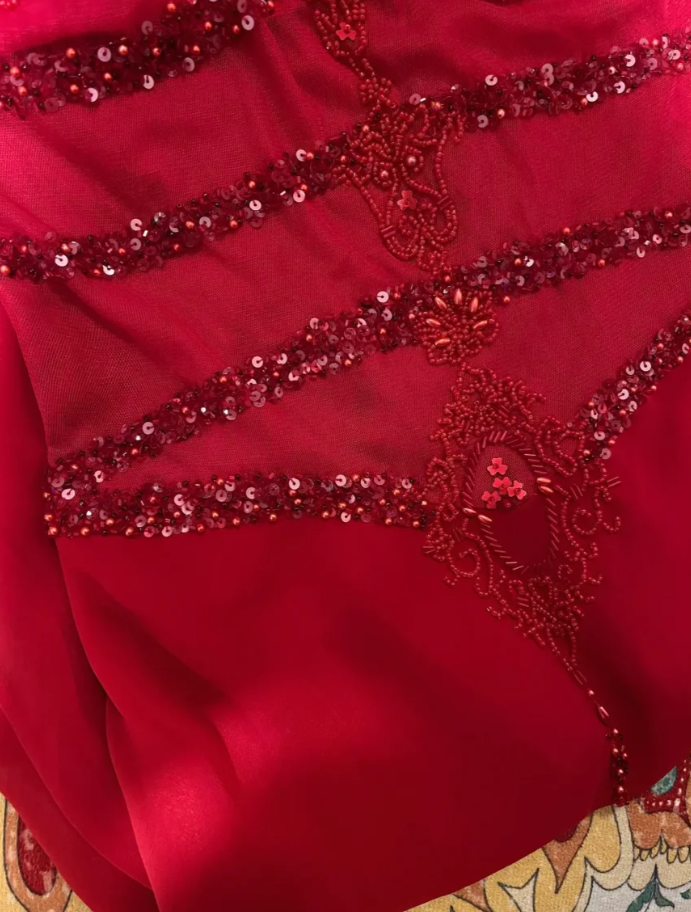Charming Spaghetti Straps Red Chiffon Beaded Mermaid Long Party Dress Prom Gown