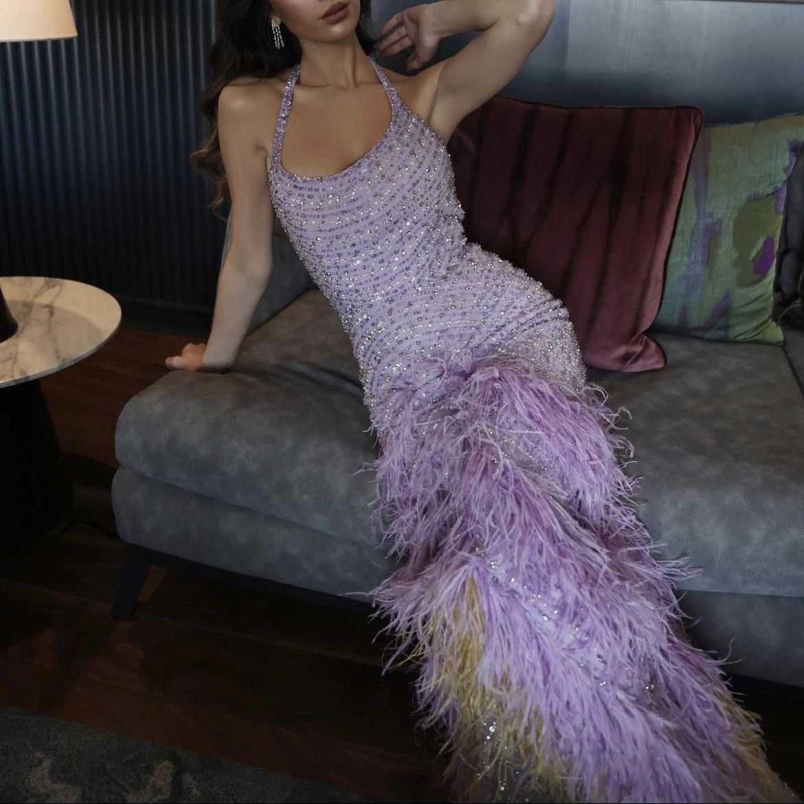 Glamorous Purple Halter Sequin Beaded Feathers Evening Dress Mermaid Long Party Gown