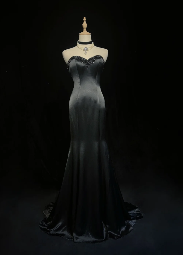 Fashion Sweetheart Neck Black Satin Beaded Mermaid Long Evening Dress Formal Wedding Guest Dress SP1959