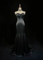 Fashion Sweetheart Neck Black Satin Beaded Mermaid Long Evening Dress Formal Wedding Guest Dress SP1959