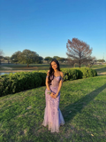 Elegant Off The Shoulder Purple Tulle Sequin Beaded Mermaid Long Wedding Guest Dress Formal Party Dress SP1371
