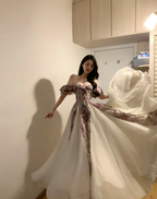 Pretty Off The Shoulder Chiffon Printed Floral A Line Long Party Dress Evening Gown