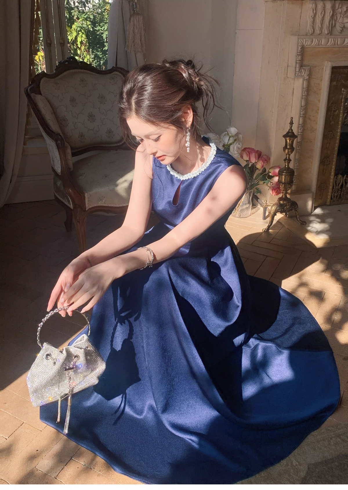 Stylish Sleeveless Navy Blue Satin Beaded A Line Long Birthday Dress Evening Gown SP1651