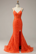 Orange Spaghetti Straps Mermaid Prom Dress,Charming Evening Dress Y1760