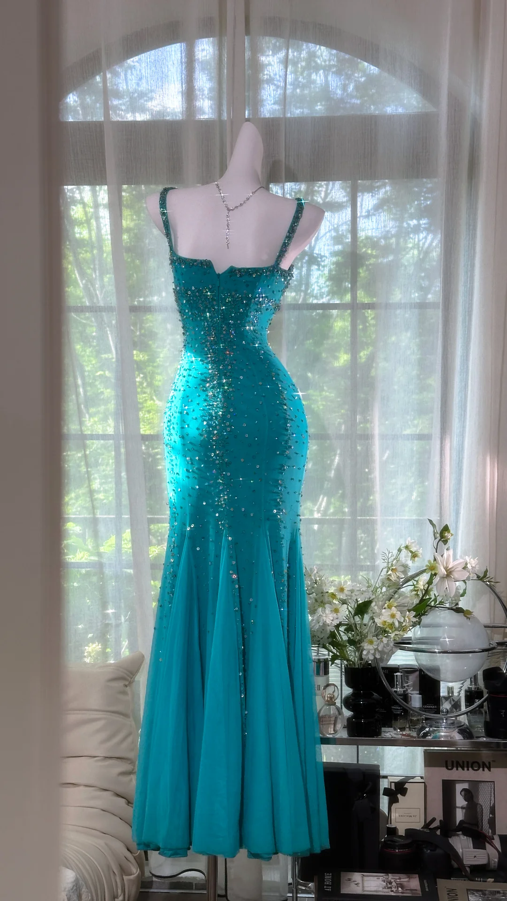 Sparkly Straps Blue Chiffon Beaded Mermaid Evening Dress Long Party Gown