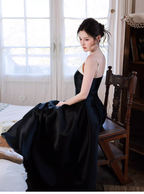 Pretty Spaghetti Straps V Neck Satin A Line Long Evening Dress Black Birthday Dress SP1655