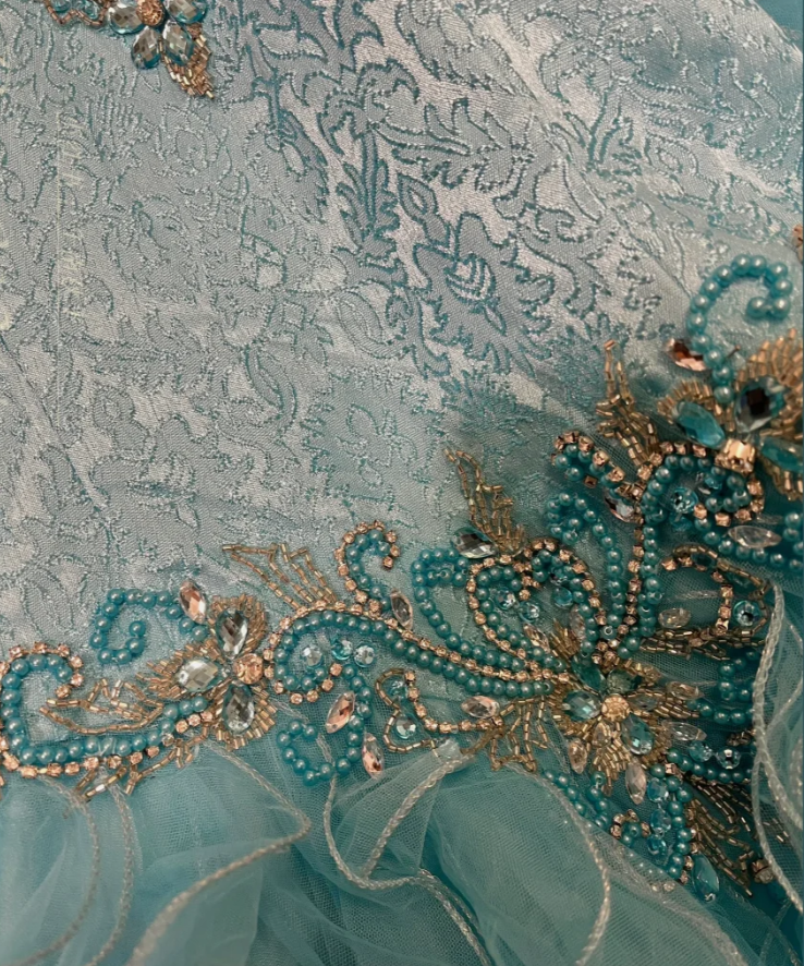 Elegant Blue Tulle Beaded Ruffles Long Ball Gown Formal Birthday Quinceanera Dress With Gloves