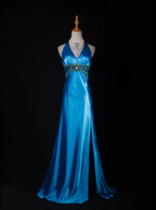 Elegant Halter V Neck Satin Beaded Prom Dress Blue Mermaid Slit Long Party Gowns