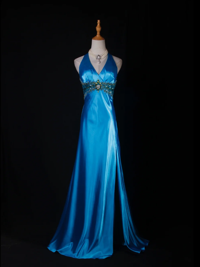 Elegant Halter V Neck Satin Beaded Prom Dress Blue Mermaid Slit Long Party Gowns