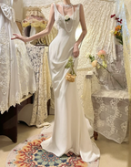 Elegant V Neck Satin Beaded Mermaid Long Wedding Guest Dress White Formal Party Dress Prom Gown