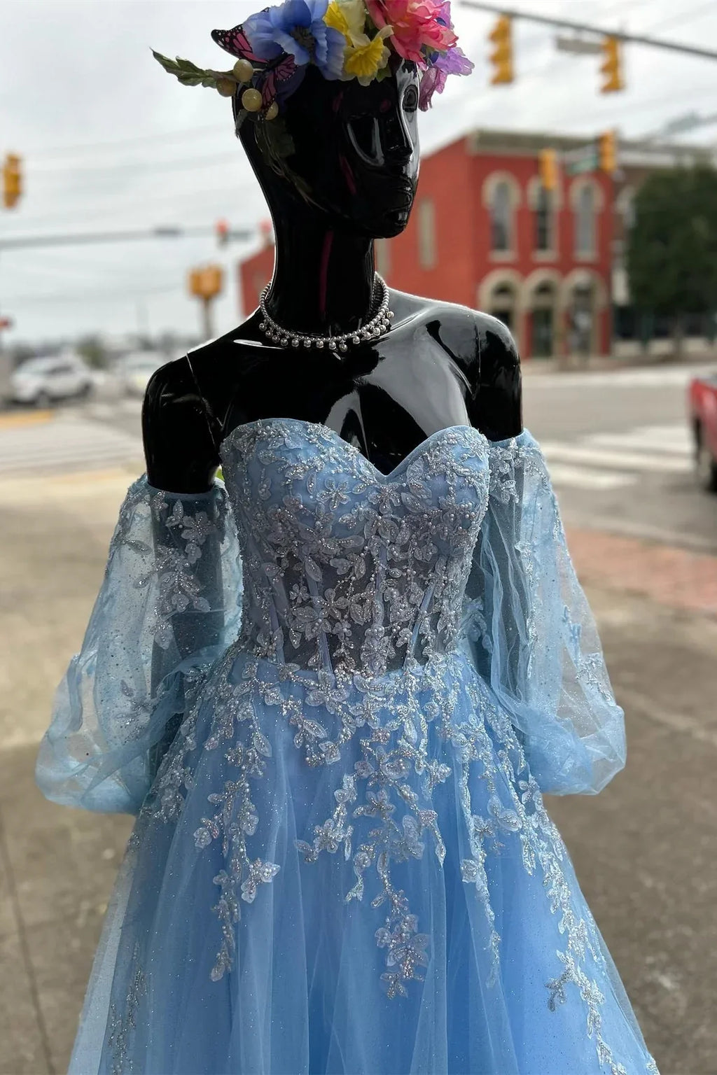Blue Floral Lace Sweetheart A Line Prom Gown with Sleeves