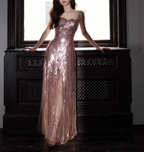 Sparkly Spaghetti Straps Pink Sequin Long Birthday Party Dress Evening Gown