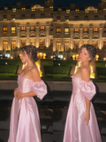 Chic Off The Shoulder Satin Slit A Line Long Birthday Party Dress Prom Gown SP1161