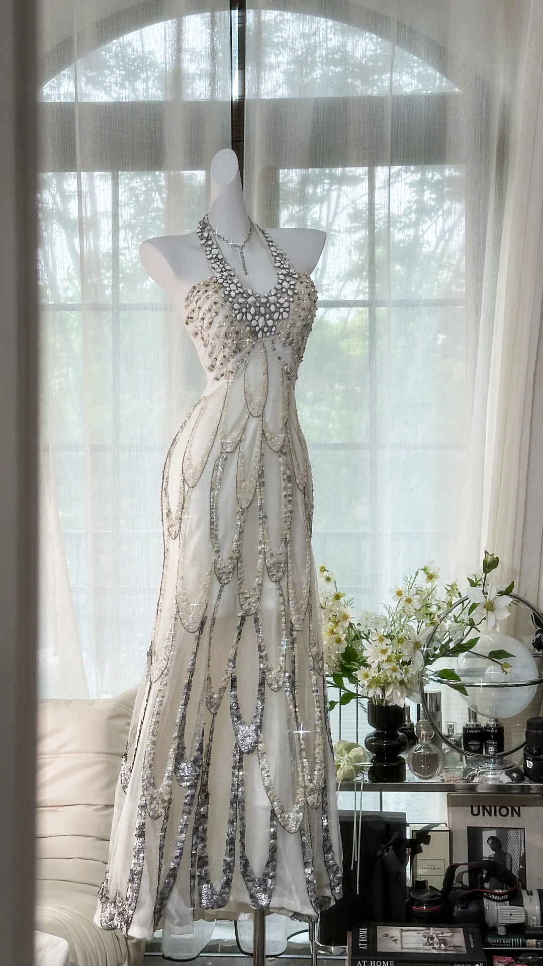 Classy Halter Chiffon Sequin Beaded Mermaid Evening Dress Long Prom Gown