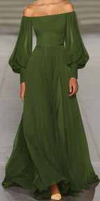 Green /Black /White/party dress with lantern sleeves solid off the shoulder prom dress  S9150
