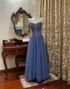 Classy Blue Strapless Tulle Sequin Beaded A Line Long Birthday Party Dress Evening Dress SP1610