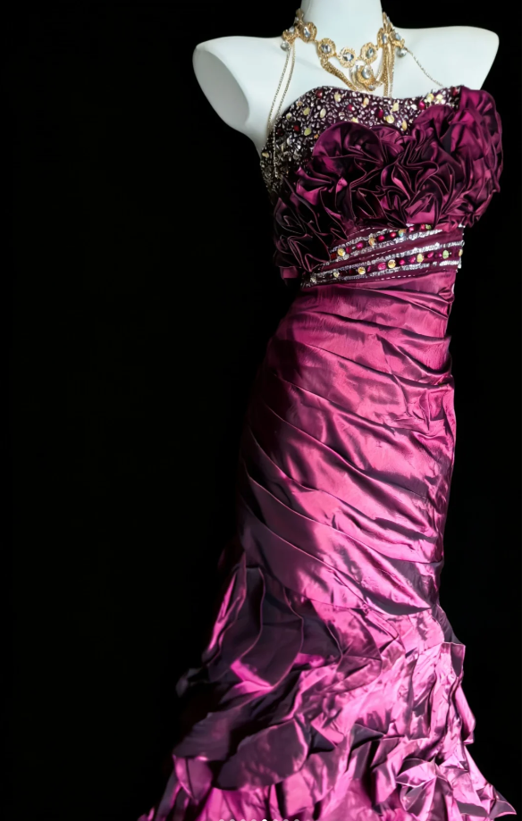 Charming Strapless Purple Satin Pleated Ruffles Mermaid Long Party Dress Evening Dress SP1638
