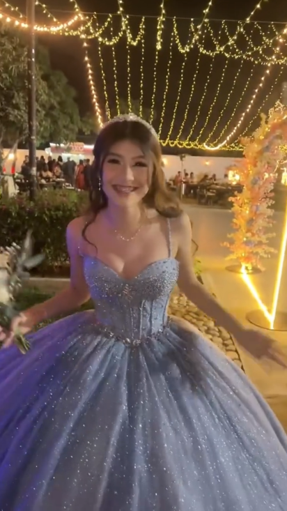 Glitter Spaghetti Straps Blue Tulle Sequin Beaded Ball Gown Formal Birthday Quinceanera Dress