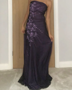 Vintage Strapless Purple Chiffon Satin Beaded Long Birthday Prom Dress Evening Gown