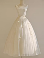 Vintage Ball Gown Bateau White Tea Length Wedding Dresses Brides Dress