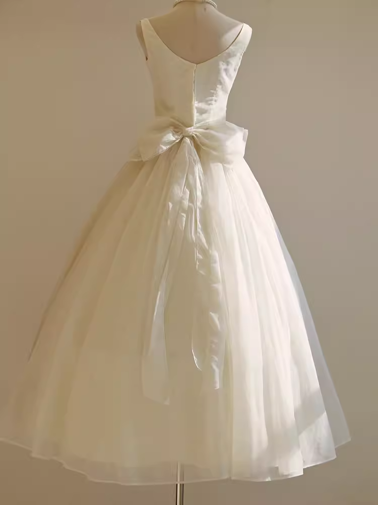 Vintage Ball Gown Bateau White Tea Length Wedding Dresses Brides Dress