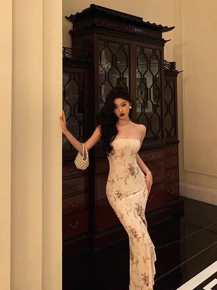 Classy Sheath Strapless Floral Ivory Long Prom Dresses Birthday Outfits Evening Gown