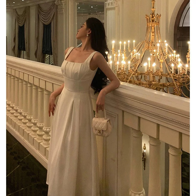 Sexy A line Square Neckline White Satin Prom Dresses Birthday Outfits Evening Gown
