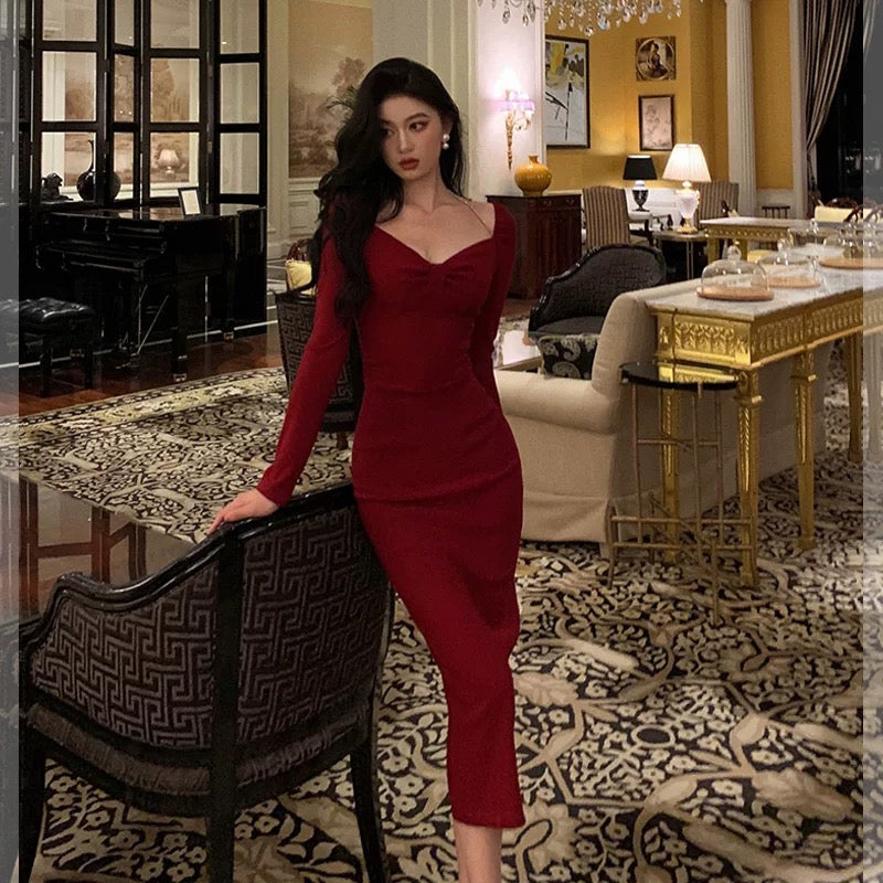 Classy Sheath V Neckline Long Sleeves Red Prom Dresses Birthday Outfits Evening Gown