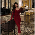 Classy Sheath V Neckline Long Sleeves Red Prom Dresses Birthday Outfits Evening Gown