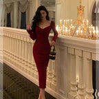 Classy Sheath V Neckline Long Sleeves Red Prom Dresses Birthday Outfits Evening Gown